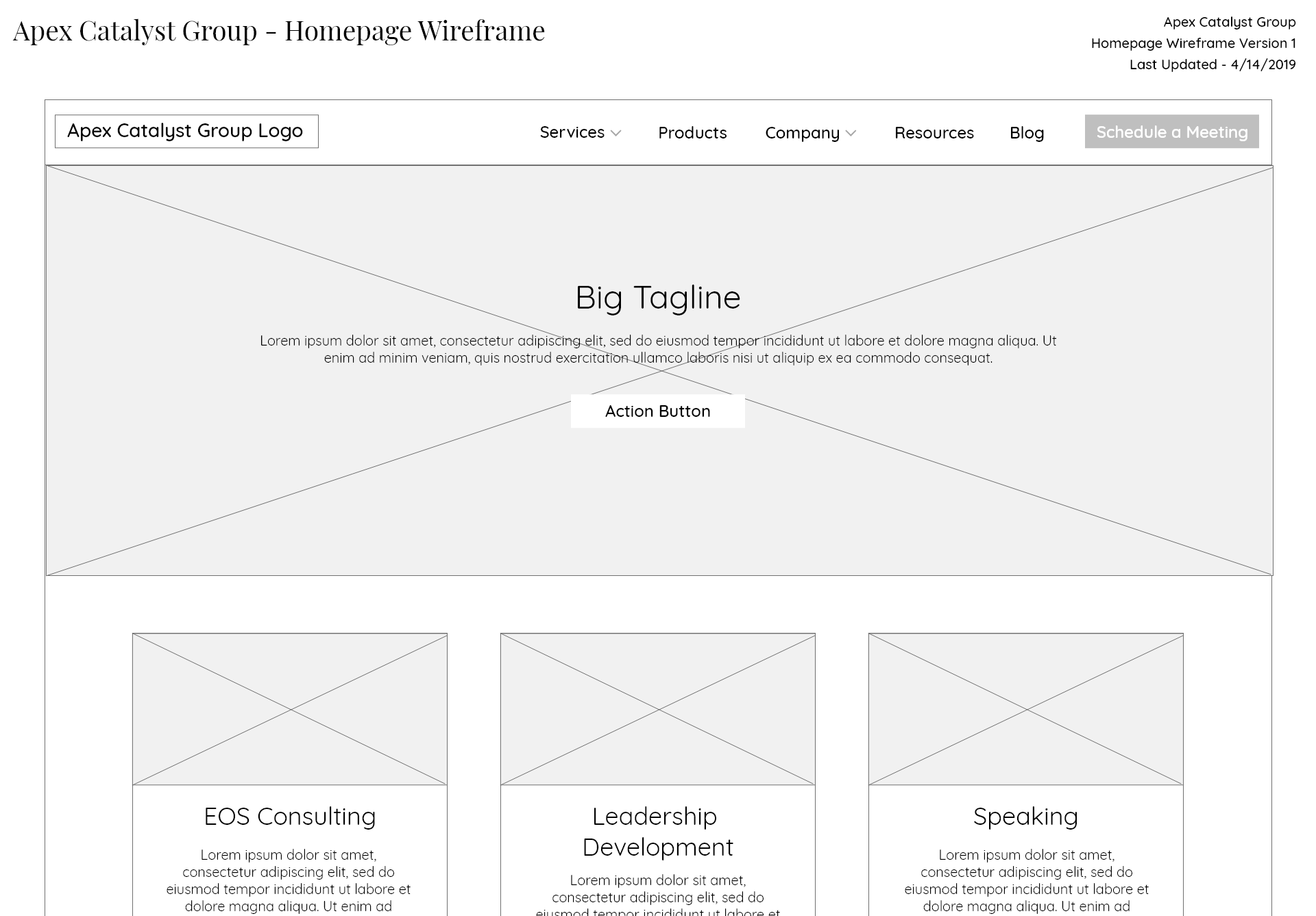 Version 1 of the homepage wireframe includes a promotional hero image followed by three large blocks promoting Sandi's main services. The rest of the page includes testimonials and promotional blocks.